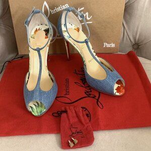 Christian Louboutin Women Senora 4" Denim Hawaii Peep Toe Pumps Sz 36.5 Blue NIB
